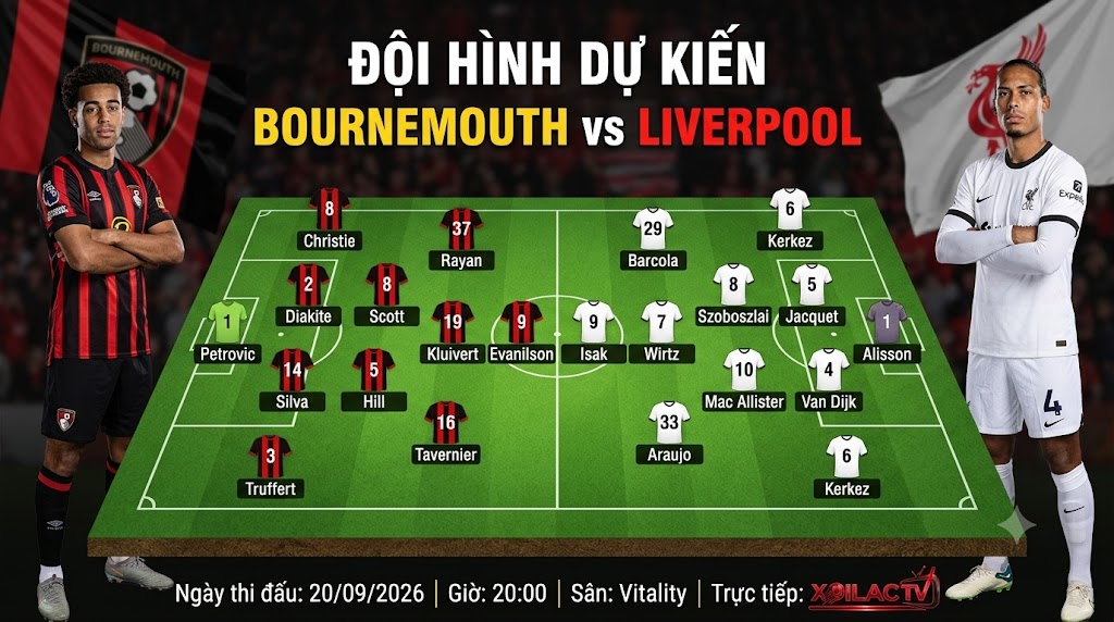 Sơ đồ chiến thuật và đội hình dự kiến trận Bournemouth vs Liverpool.
