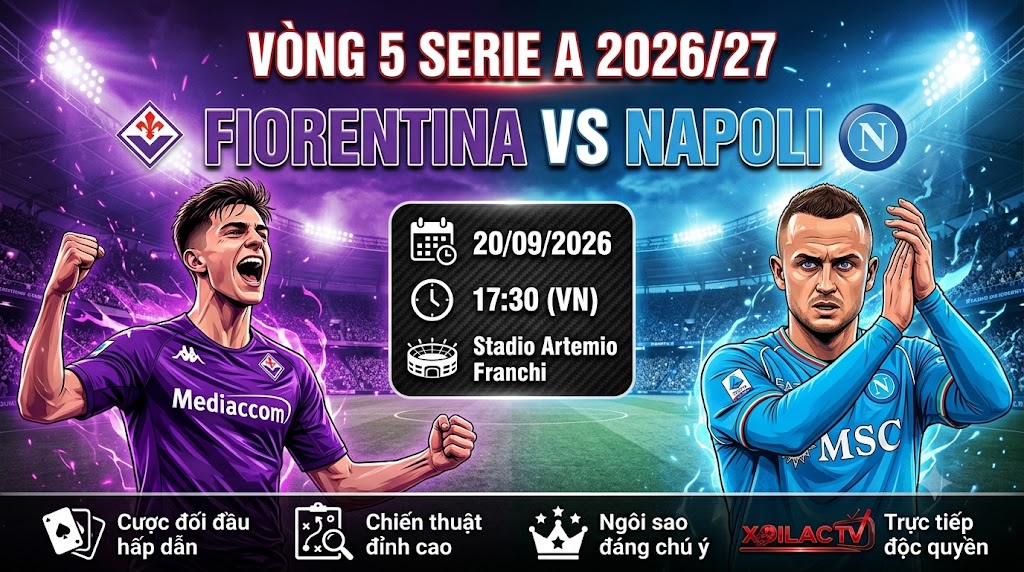 Nhận định trực tiếp bóng đá Fiorentina vs Napoli lúc 17h30 ngày 20/09/2026 vòng 5 Serie A trên Xoilac TV.