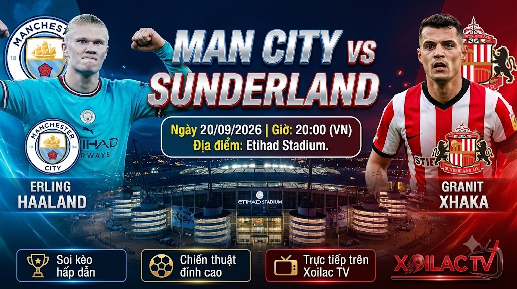 Ảnh bìa nhận định trận đấu Man City vs Sunderland lúc 20h00 ngày 20/09. Xem trực tiếp bóng đá Full HD tại Xoilac TV.