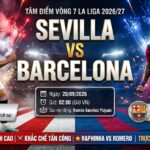 Ảnh bìa nhận định và soi kèo trận đấu Sevilla vs Barca lúc 02h00 ngày 20/9 vòng 7 La Liga, xem trực tiếp tại Xoilac TV.