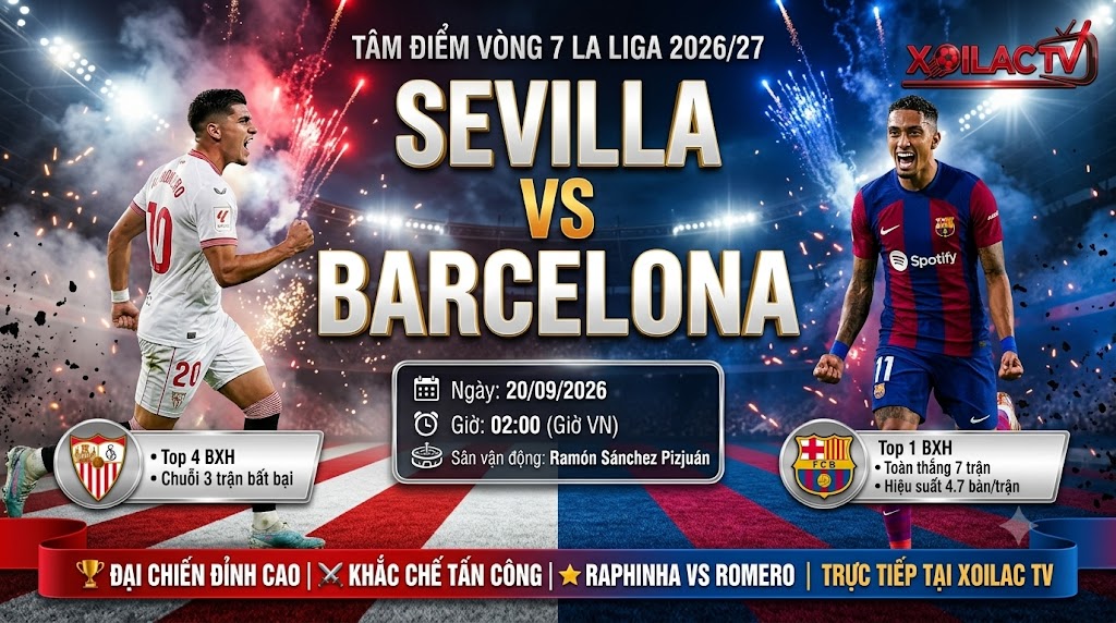 Ảnh bìa nhận định và soi kèo trận đấu Sevilla vs Barca lúc 02h00 ngày 20/9 vòng 7 La Liga, xem trực tiếp tại Xoilac TV.