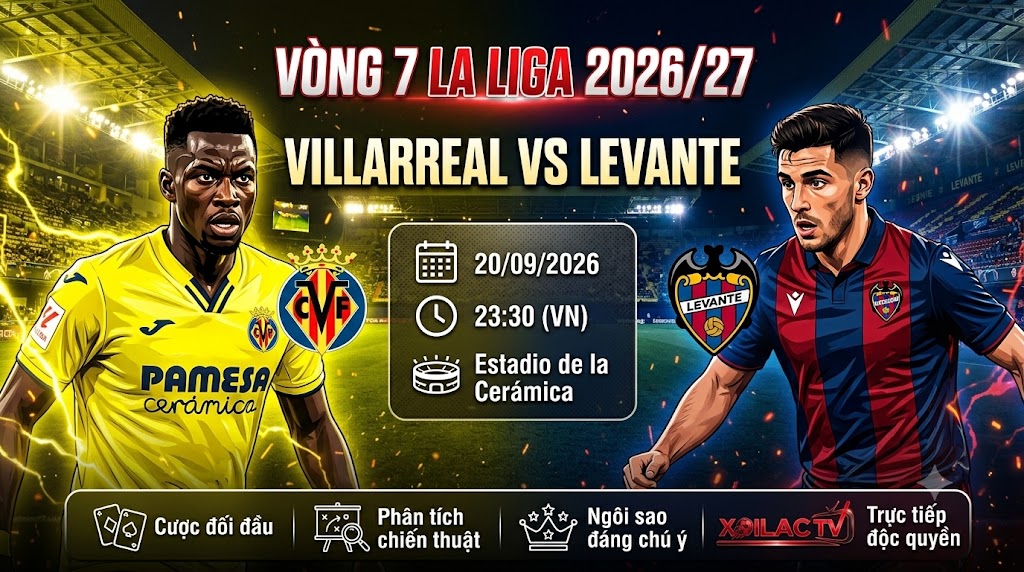 Nhận định trực tiếp bóng đá Villarreal vs Levante lúc 23h30 ngày 20/09/2026 vòng 7 La Liga trên Xoilac TV.