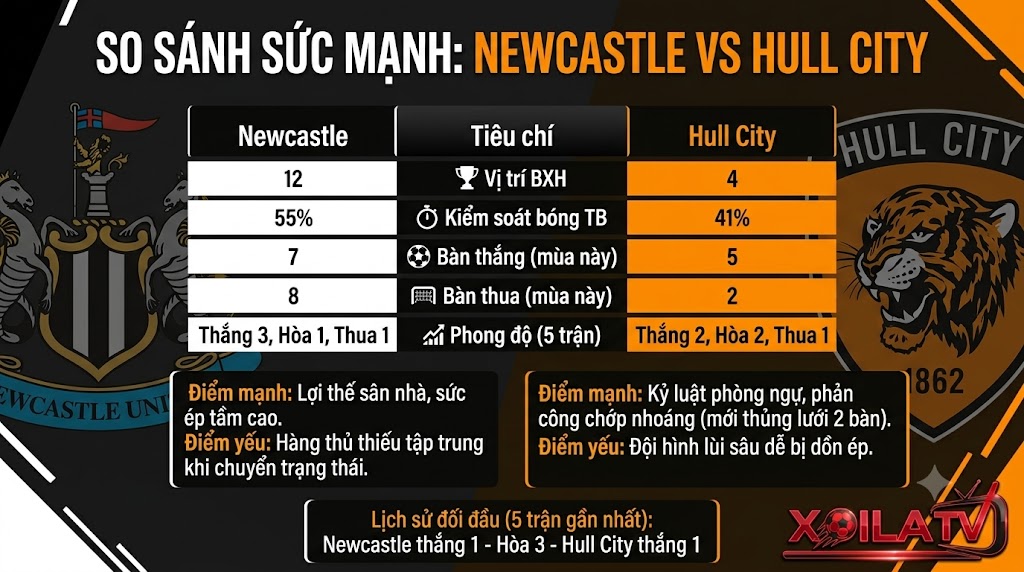 Bảng thống kê so sánh sức mạnh, lịch sử đối đầu và soi kèo Newcastle vs Hull.